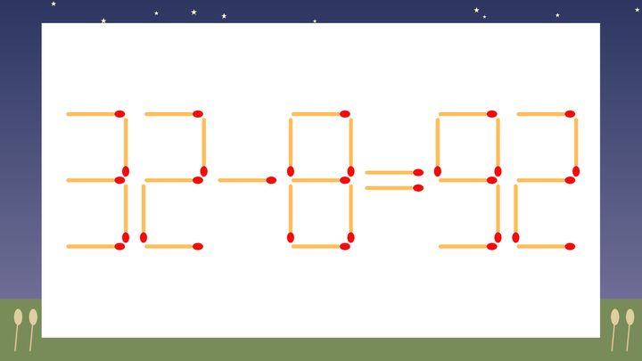 【マッチ棒クイズ】1本だけ動かして正しい式に：32-8=92？の問題画像