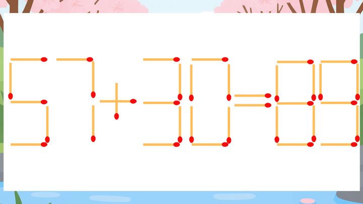 【マッチ棒クイズ】1本だけ動かして正しい式に：57+30=89？の問題画像