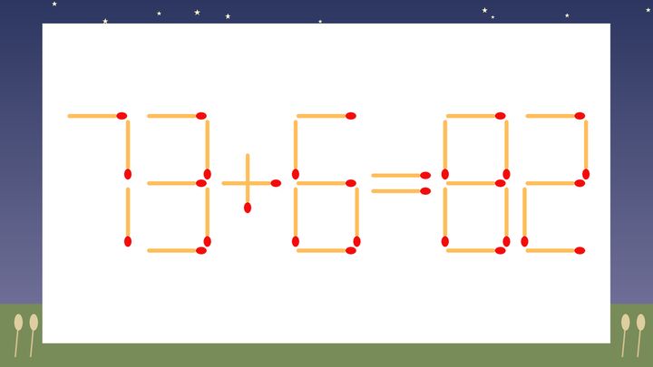 【マッチ棒クイズ】1本だけ動かして正しい式に：73+6=82？の問題画像