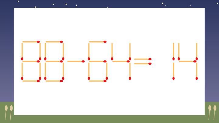 【マッチ棒クイズ】1本だけ動かして正しい式に：88-64=14？の問題画像