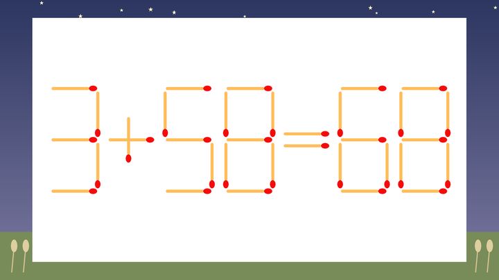 【マッチ棒クイズ】1本だけ動かして正しい式に：3+58=68？の問題画像