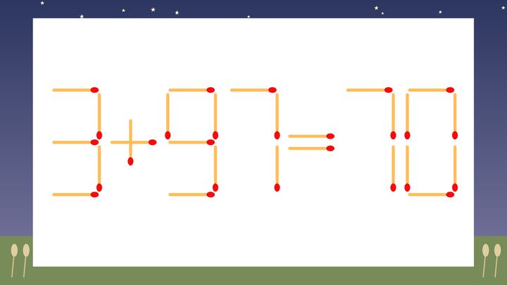 【マッチ棒クイズ】1本だけ動かして正しい式に：3+97=70？の問題画像