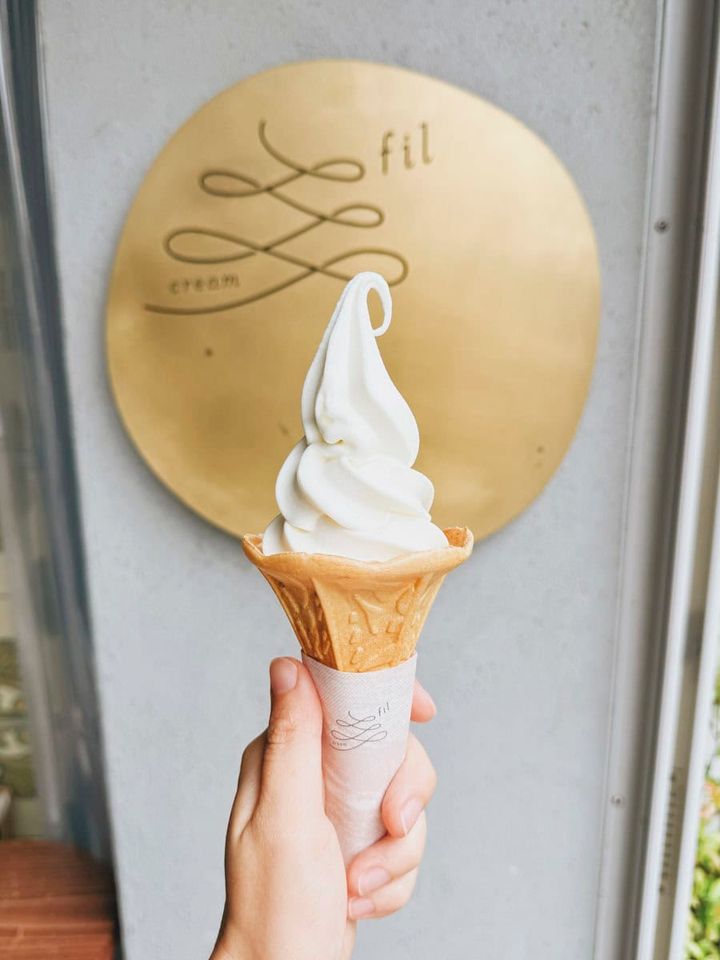 filcreamさんのソフトクリーム。 ミルクのコクがありながらも、さっぱりしています。 コーンとの相性もよく、どれだけでも食べられそうです。