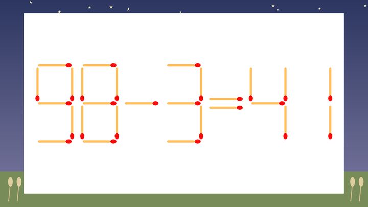 【マッチ棒クイズ】1本だけ動かして正しい式に：98-3=41？の問題画像