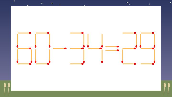 【マッチ棒クイズ】1本だけ動かして正しい式に：60-34=29？の問題画像