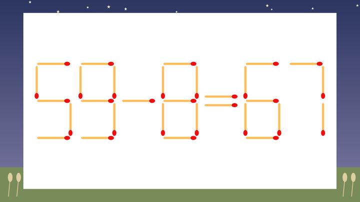 【マッチ棒クイズ】1本だけ動かして正しい式に：59-8=67？の問題画像