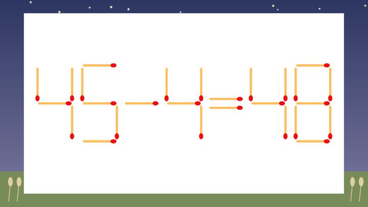 【マッチ棒クイズ】1本だけ動かして正しい式に：45-4=48？の問題画像