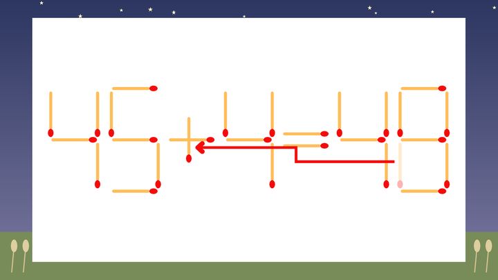 【マッチ棒クイズ】1本だけ動かして正しい式に：45-4=48？の解答画像