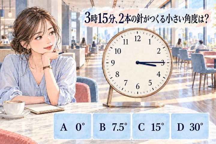 【算数テスト】3時15分、アナログ時計の２本の針がつくる“小さい角度”は何度？