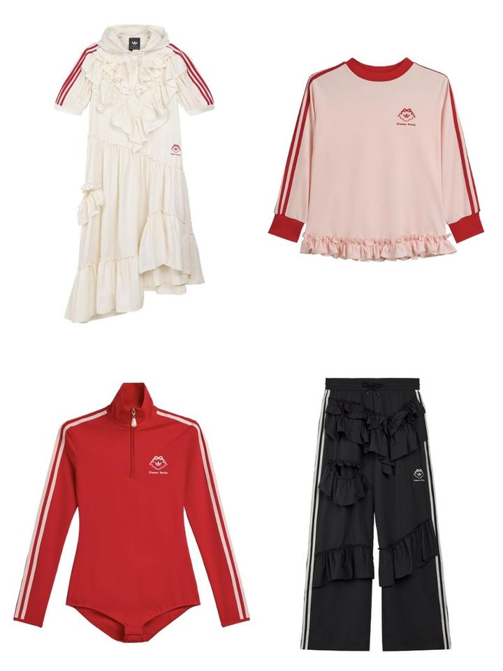 画像: SR フリルドレス￥49,500、SRトップ￥25,300、SR レオタード￥25,300、SR フリルパンツ￥41,800 出典：アディダス オリジナルス