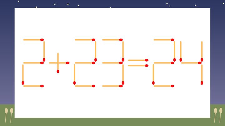 【マッチ棒クイズ】1本だけ動かして正しい式に：2+23=24？の問題画像