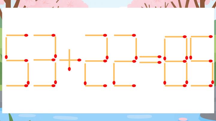【マッチ棒クイズ】1本だけ動かして正しい式に：53+22=85？の問題画像