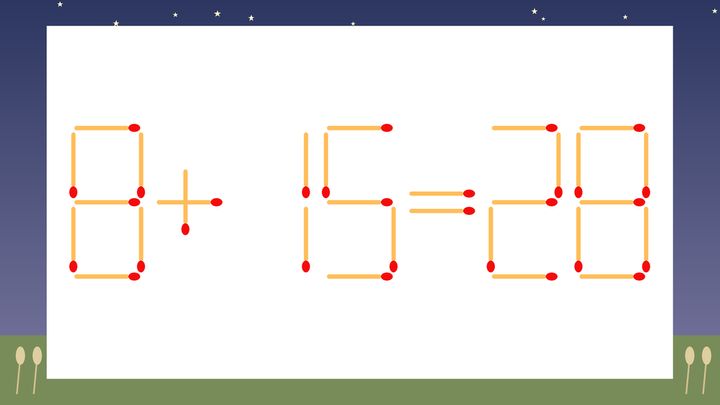 【マッチ棒クイズ】1本だけ動かして正しい式に：8+15=28？の問題画像