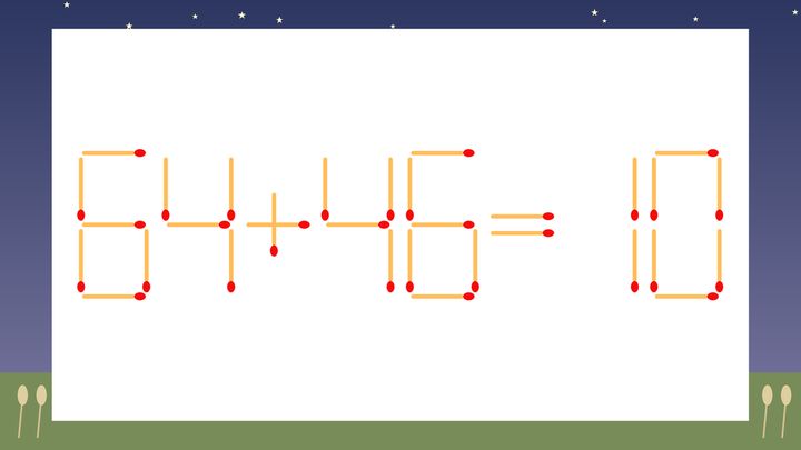 【マッチ棒クイズ】1本だけ動かして正しい式に：64+46=10？の問題画像