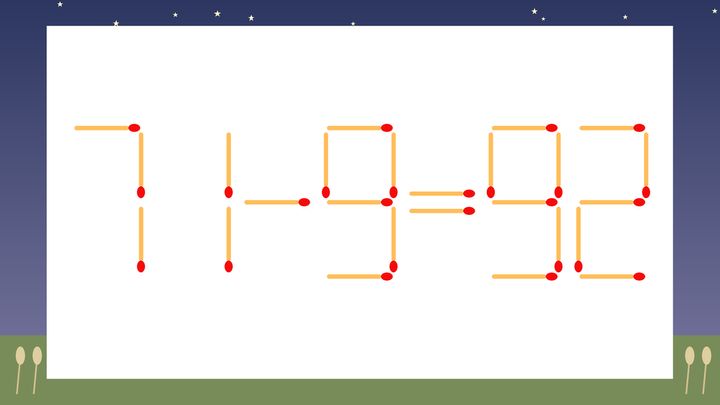 【マッチ棒クイズ】1本だけ動かして正しい式に：71-9=92？の問題画像