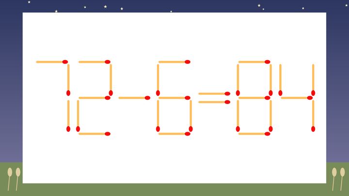 【マッチ棒クイズ】1本だけ動かして正しい式に：72-6=84？の問題画像