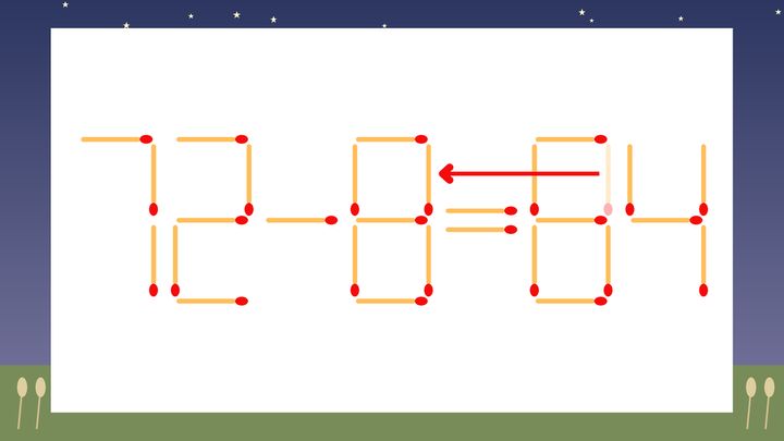 【マッチ棒クイズ】1本だけ動かして正しい式に：72-6=84？の解答画像