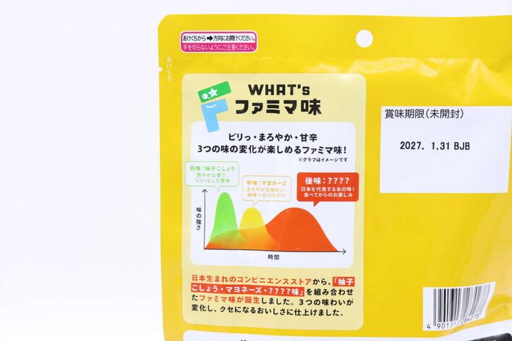 「ファミマ味ソフトせんべい」パッケージ裏面の「WHAT's ファミマ味」と味の変化グラフ