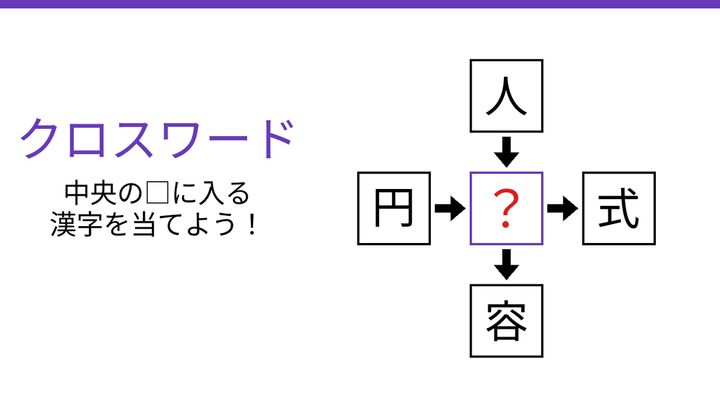 【二字熟語クロスワード】人・円・式・容に共通する一文字は？の問題画像