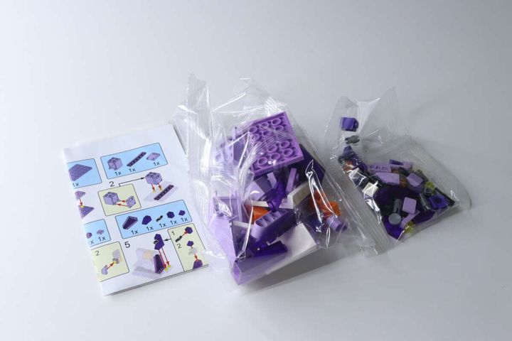 ブロックの小袋2つと組み立て説明書が白い背景に置かれている