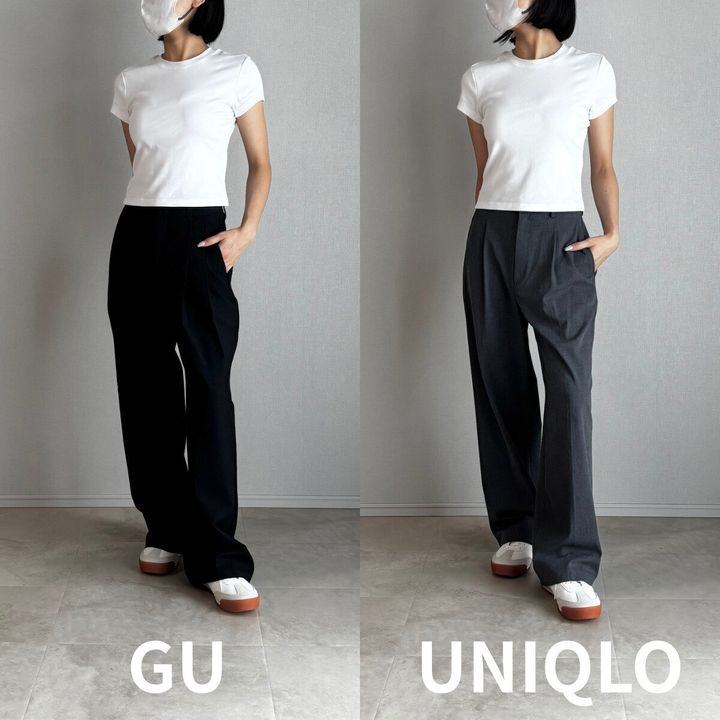 白Tシャツとマスク姿の女性がGUとユニクロのワイドパンツを並べて着用比較