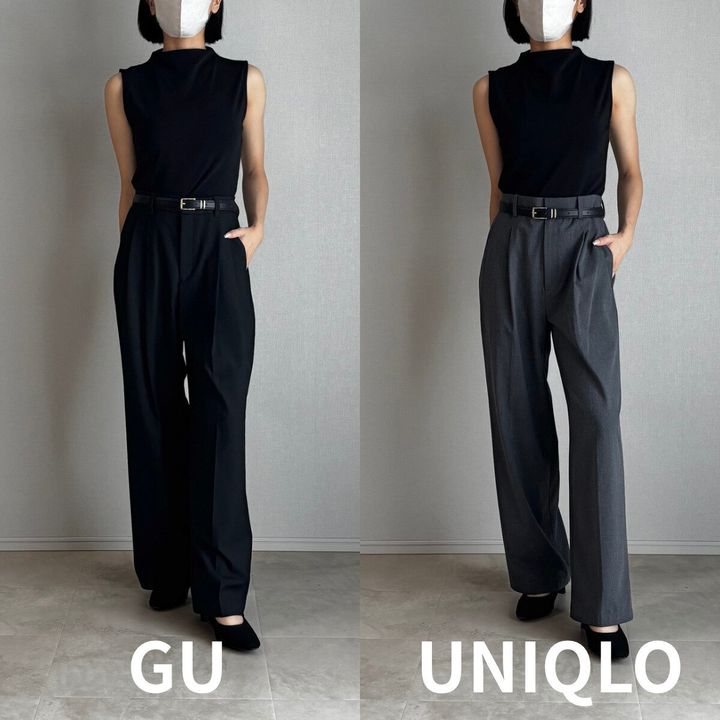 黒ノースリーブとヒールを合わせたGUとユニクロワイドパンツの着用比較