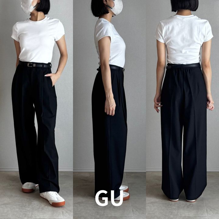 ベルトでウエスト調整したGU黒ワイドパンツの女性の全身3方向
