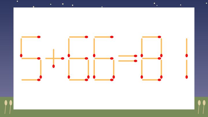 【マッチ棒クイズ】1本だけ動かして正しい式に：5+66=81？の問題画像