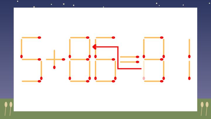【マッチ棒クイズ】1本だけ動かして正しい式に：5+66=81？の解答画像