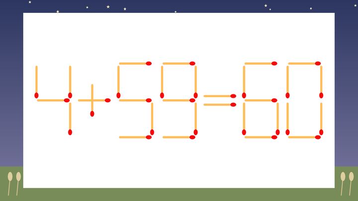 【マッチ棒クイズ】1本だけ動かして正しい式に：4+59=60？の問題画像