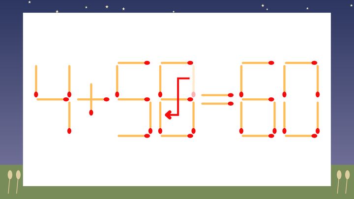 【マッチ棒クイズ】1本だけ動かして正しい式に：4+59=60？の解答画像