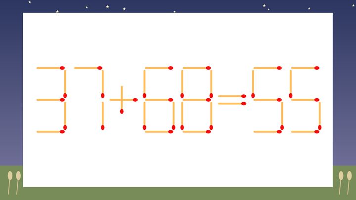 【マッチ棒クイズ】1本だけ動かして正しい式に：37+68=55？の問題画像