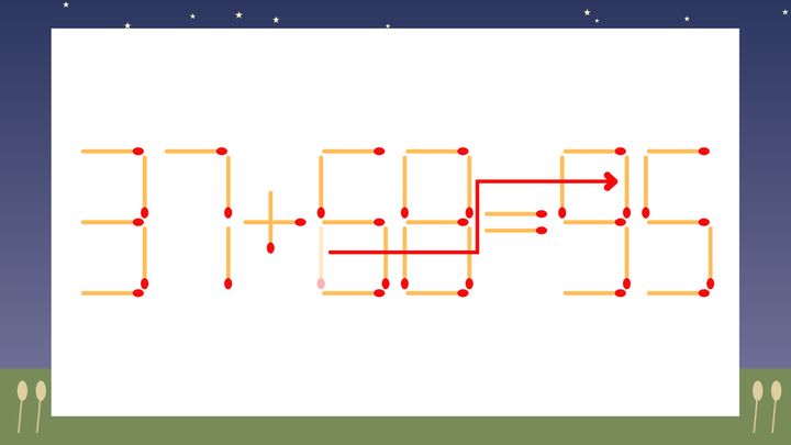 【マッチ棒クイズ】1本だけ動かして正しい式に：37+68=55？の解答画像