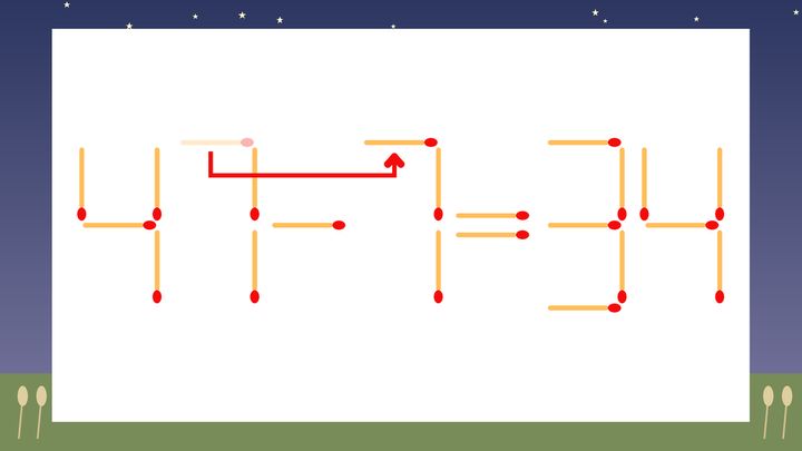 【マッチ棒クイズ】1本だけ動かして正しい式に：47-1=34？の解答画像