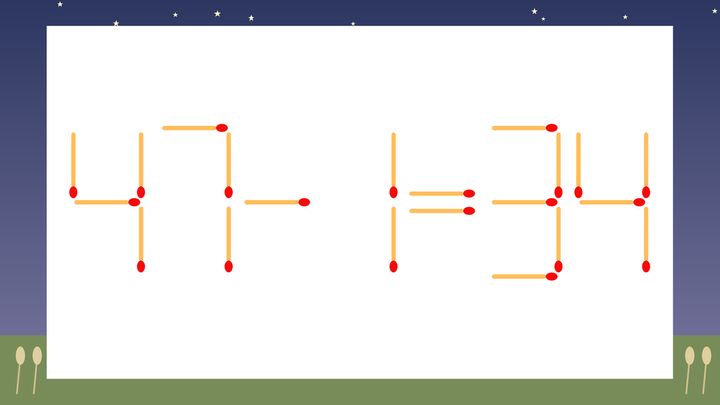 【マッチ棒クイズ】1本だけ動かして正しい式に：47-1=34？の問題画像