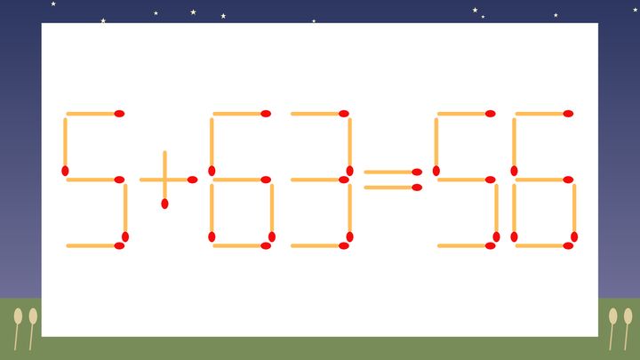 【マッチ棒クイズ】1本だけ動かして正しい式に：5+63=56？の問題画像