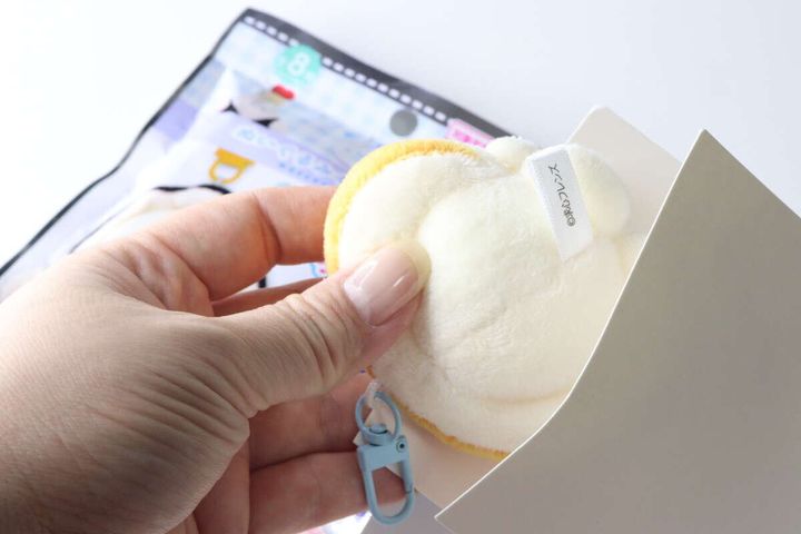 パッケージから求心フレンズのほたてぬいぐるみキーホルダーを取り出す手元