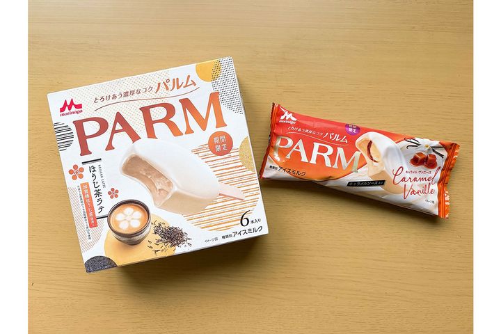 （写真・左から）PARM（パルム）ほうじ茶ラテ（6本入り）、PARM（パルム） キャラメルヴァニーユ（1本入り）