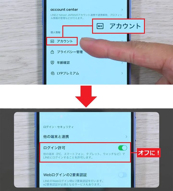 LINEアカウントのログイン許可設定オフ画面