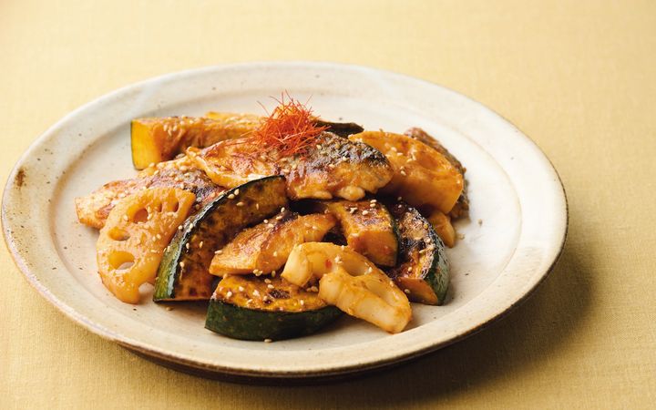 かぼちゃとさばの韓国風甘辛炒め