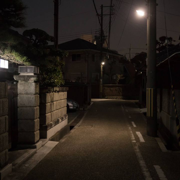 街灯に照らされた、夜の静かな住宅街