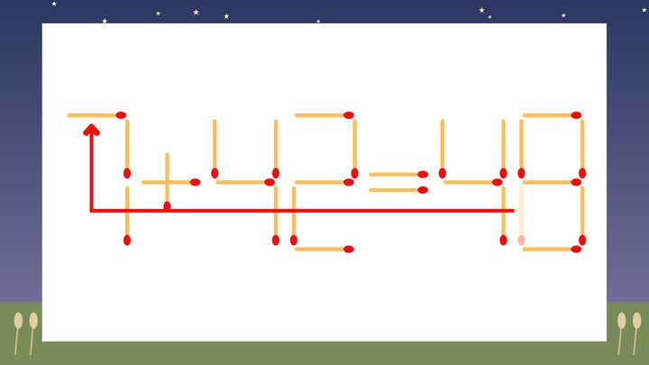 【マッチ棒クイズ】1本だけ動かして正しい式に：1+42=48？の解答画像
