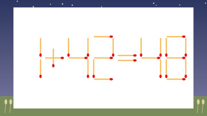 【マッチ棒クイズ】1本だけ動かして正しい式に：1+42=48？の問題画像