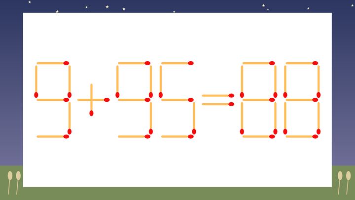 【マッチ棒クイズ】1本だけ動かして正しい式に：9+95=88？の問題画像
