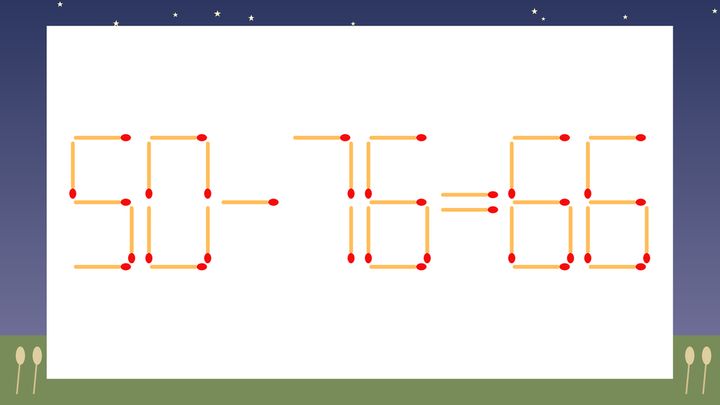 【マッチ棒クイズ】1本だけ動かして正しい式に：50-76=66？の問題画像