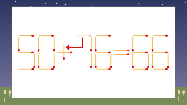 【マッチ棒クイズ】1本だけ動かして正しい式に：50-76=66？の解答画像