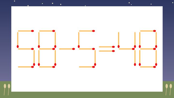 【マッチ棒クイズ】1本だけ動かして正しい式に：58-5=48？の問題画像