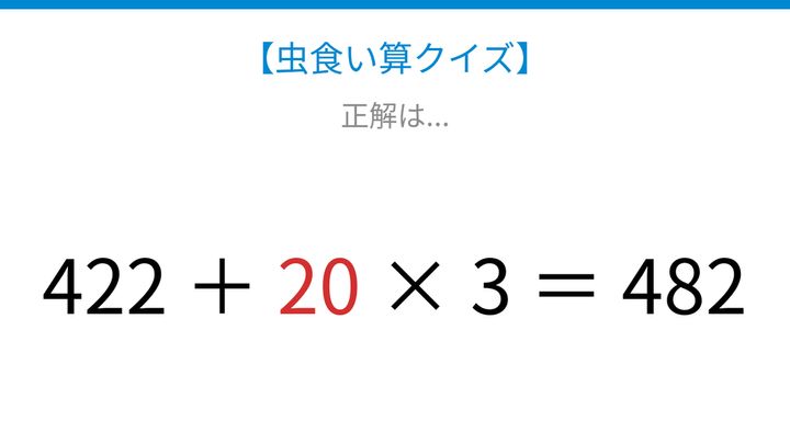 【虫食い算クイズ】足し算とかけ算が混ざった式、□に入る数字は？の解答画像