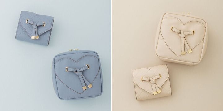 VISのキルティングミニ財布とハートカットポーチが複数並べられている