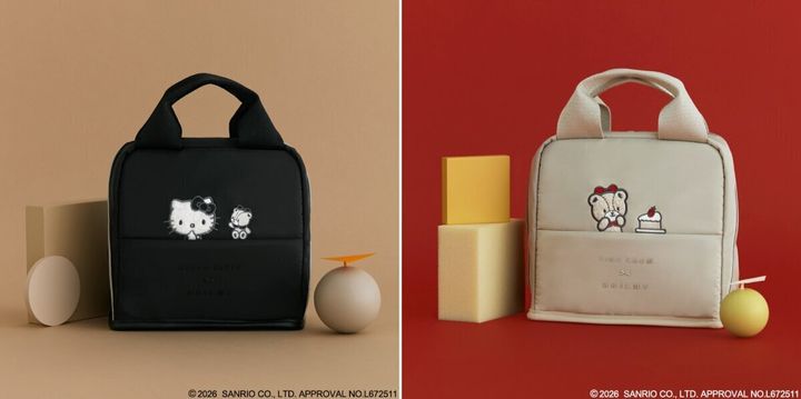 黒とベージュのハローキティとタイニーチャムの刺繍入りスタンドポーチ